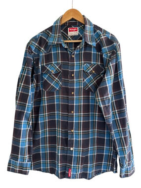 Western Plaid Snap Shirt Wrangler Blue Cowboy Shirt
